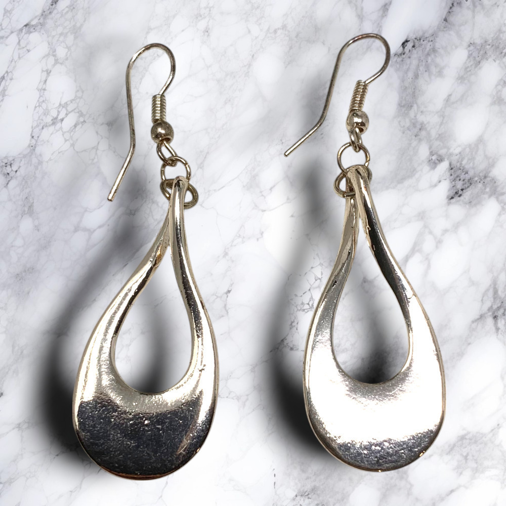 Vintage Y2K Modernist Dangle Silver Tone Teardrop Earrings Pierced Retro Minimal
